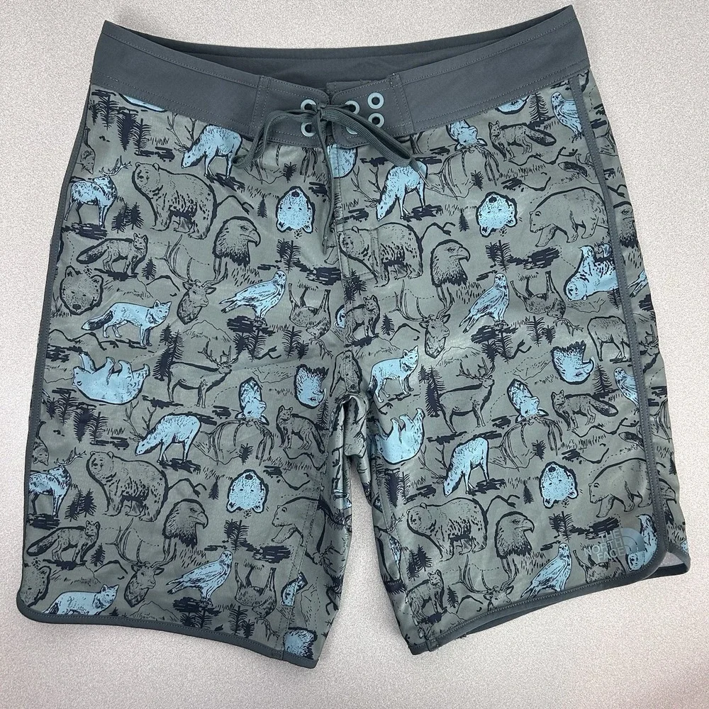 The North Face‎ Gray Blue Bear Animal Theme Board Shorts Swim Trunks Men 32